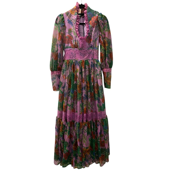 Vintage 70's Handmade Prom Floral Dress Women's Size XS/Small Purple Ruffles - Picture 1 of 13